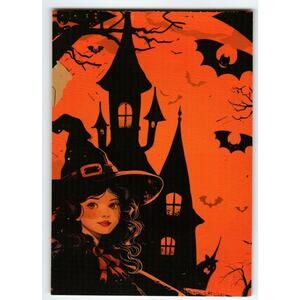 Vintage Photochrome Halloween Witch & Haunted House Postcard 5.5x4"